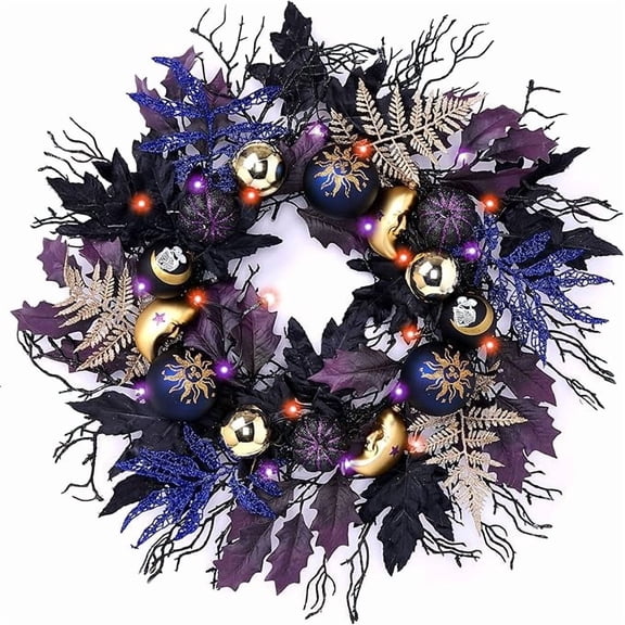 "halloween d rD rbyHannah Collapsible Halloween Door Wreath, 24 Inch Light Up Black Halloween Wreaths for Front Door with Maple, Pumpkins and Witch Ornaments D rations Indoor Outdoor for Porch Window