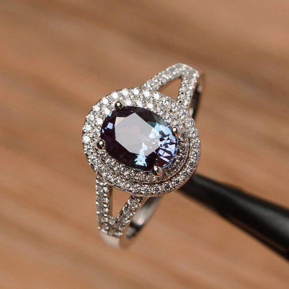 halo lab alexandrite ring engagement ring June birthstone 14 K White Gold ring oval cut gemstone ring