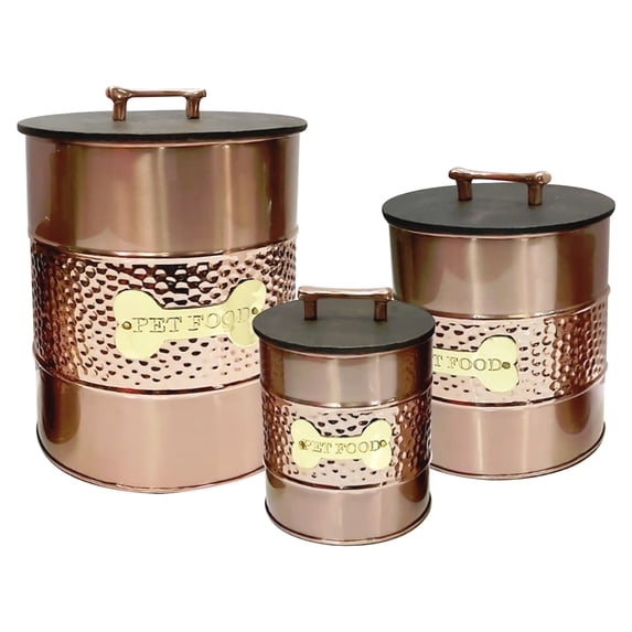 hammered copper 3 Pc set Pet Canister with sturdy bone plaque, Dog Food Treat Canister with wooden Lid. Carbon Steel Canister, Storage Container Jar with Tight Fitting Lids for Dog Biscuit Cookies