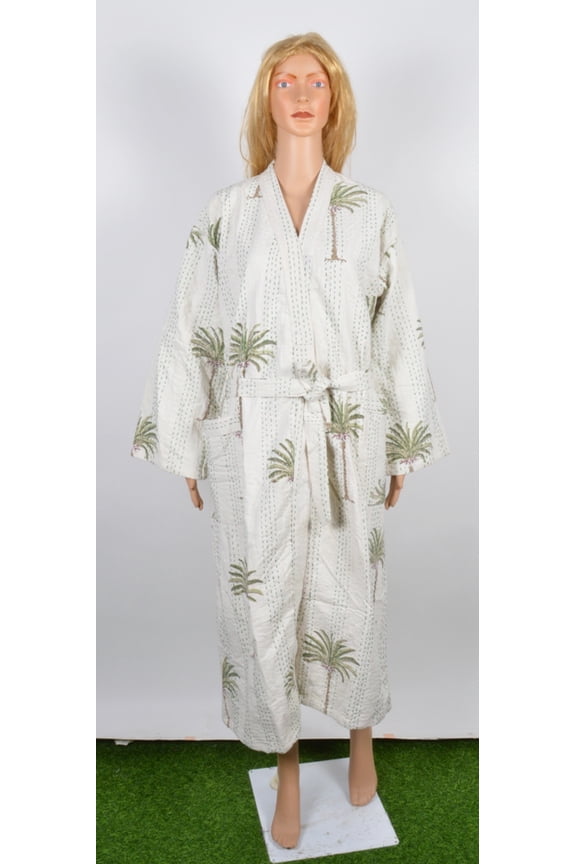 hand block print palm tree kantha jacket, Indian handmade japanese kimono style kantha robe, Winter jacket, White colored tie belt coat
