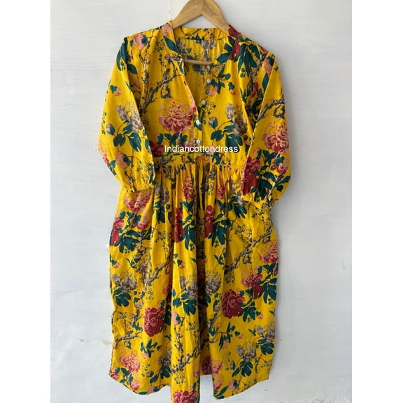hand block printed traditional Indian women long maxi dress - v neckline with tassel summer long maxi dress - long sleeve boho maxi dress