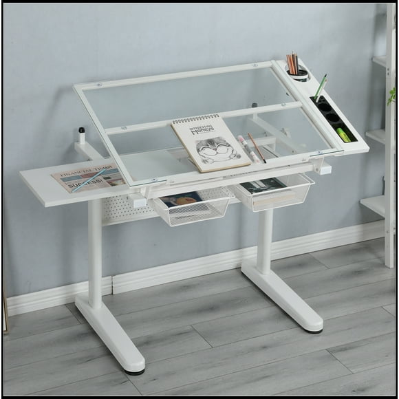 hand crank adjustable drafting table drawing desk with 2 metal drawers WITH STOOL