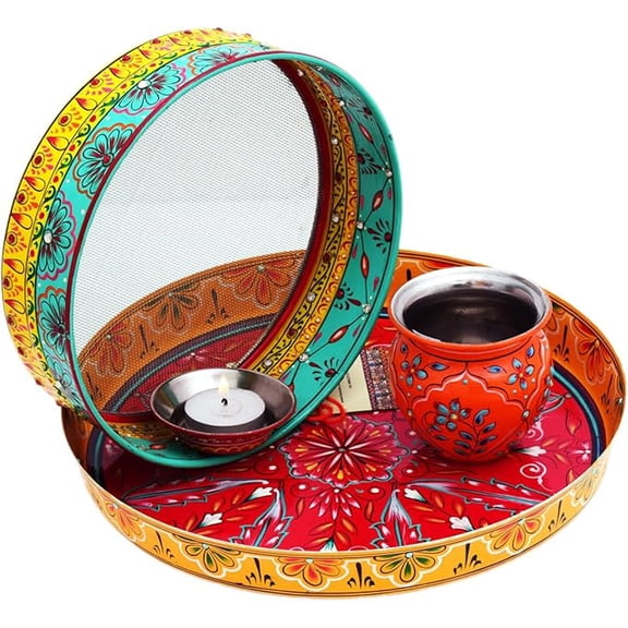 hand painted karwachauth pooja thali set