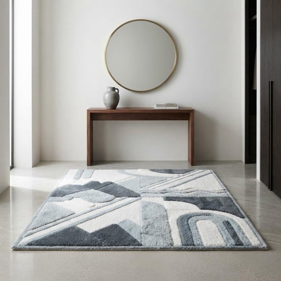 Blue Pattern Rug Sample hand tufted abstract geometric pattern light blue charcoal and cream ...