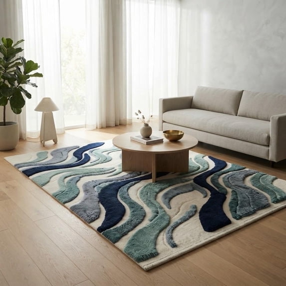 Teal Rug hand tufted abstract ocean wave pattern teal blue and cream wool area ...