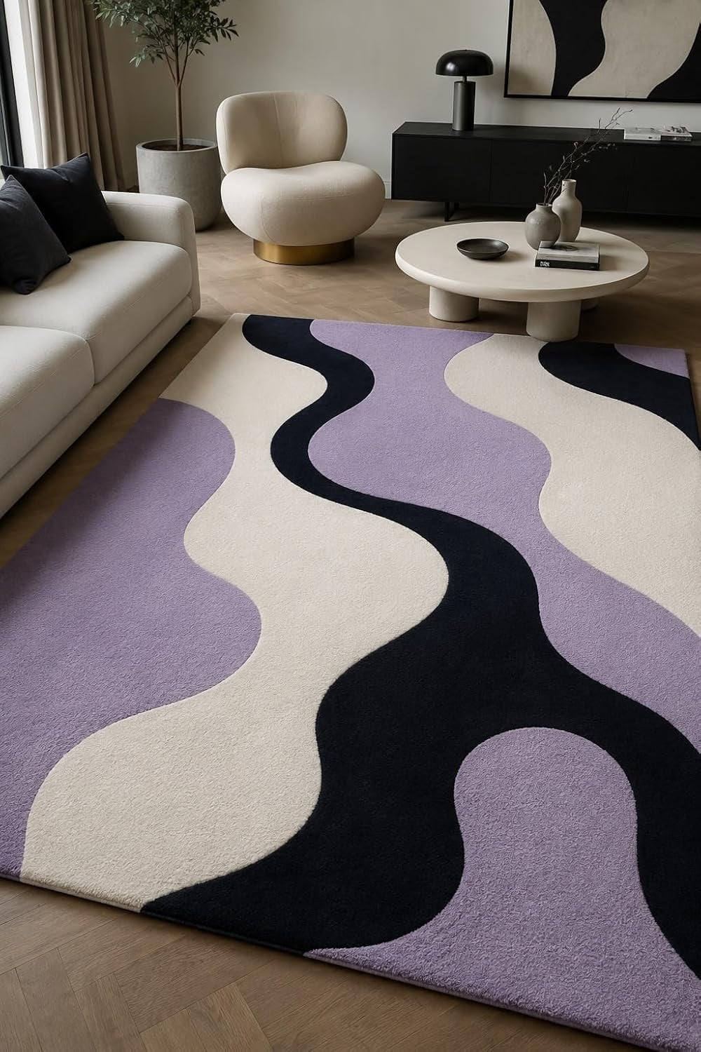 hand tufted abstract wavy pattern lavender purple cream and black wool ...
