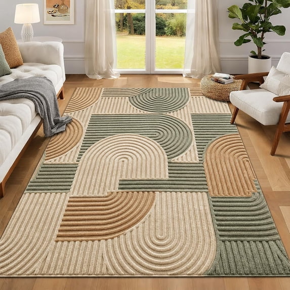 Beige Tan Pattern Rug hand tufted geometric arch pattern beige sage green and terracotta wool ...