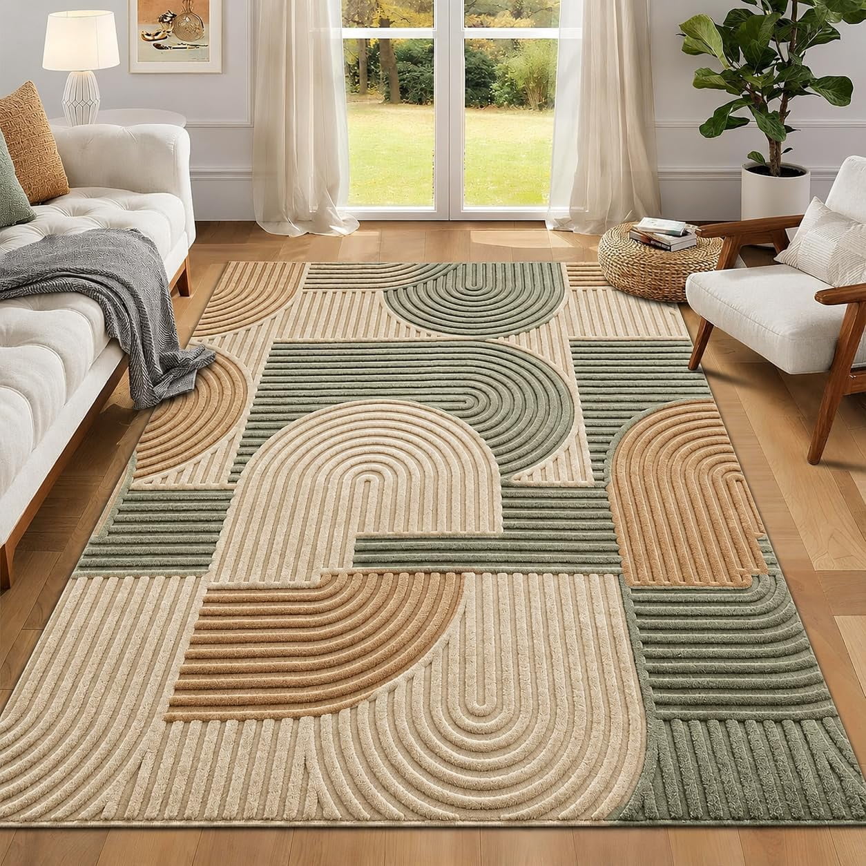 Simple Geometric Patterns Rug hand tufted geometric arch pattern beige sage green and terracotta wool ...