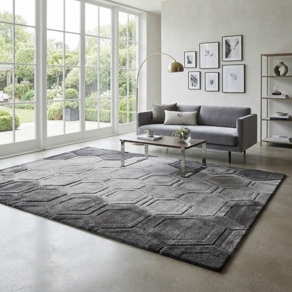 Gray Mesh Pattern Area Rug hand tufted geometric honeycomb pattern charcoal grey and silver wool ...