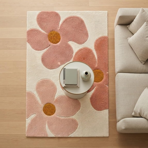 Pink Rug Room hand tufted oversized floral pattern pink and cream wool area rug for ...