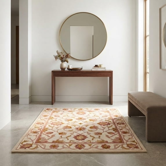 Entry Area Rug hand tufted traditional floral border pattern cream beige and ...