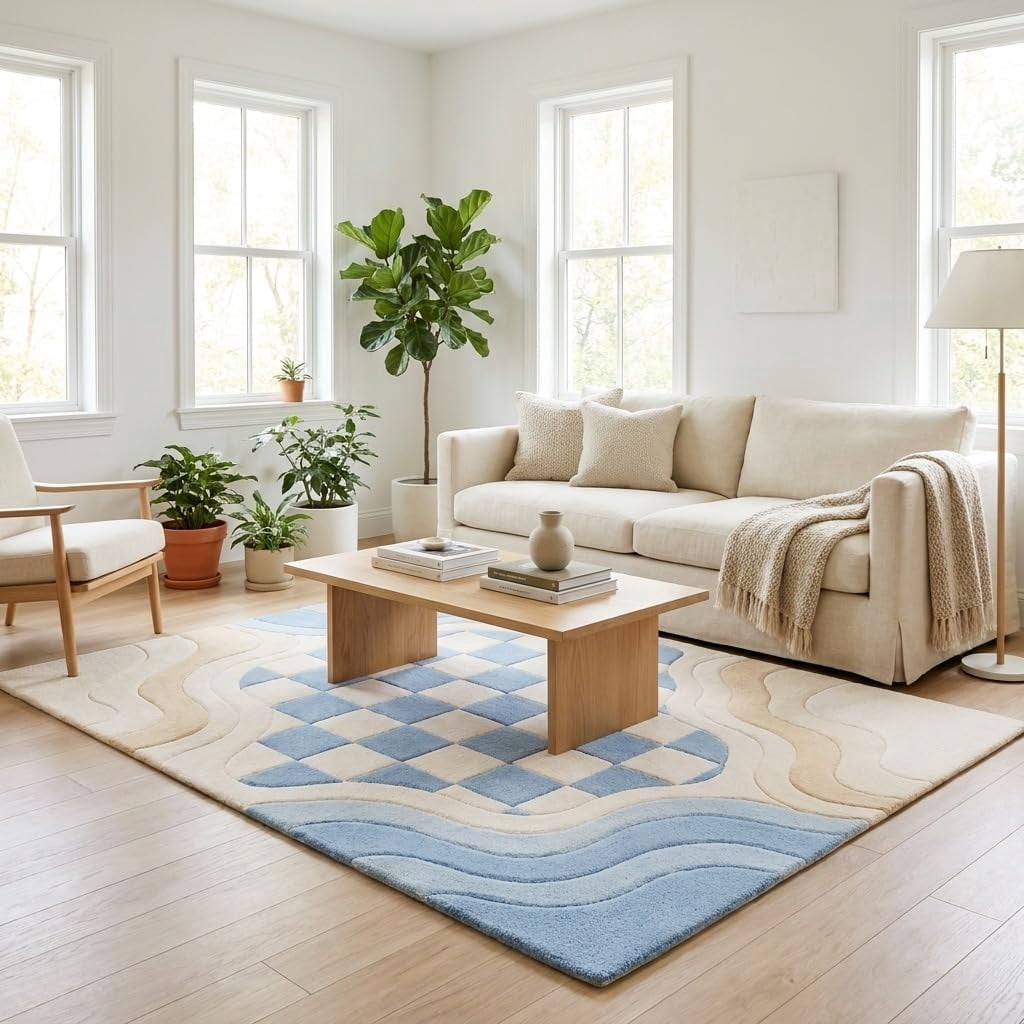 hand-tufted wool abstract checkerboard and wavy line design pastel blue ...