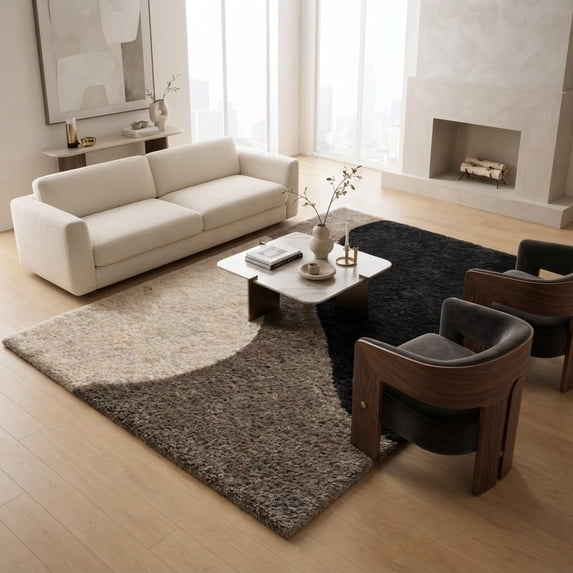 Area Tuft Rug hand-tufted wool abstract organic shape black grey and cream plush area ...