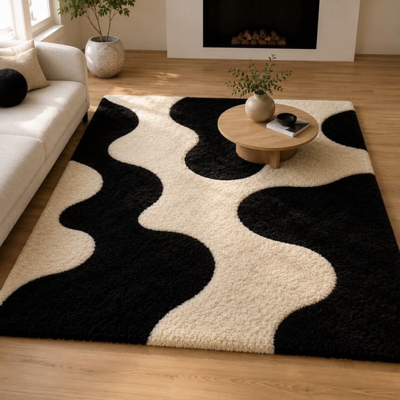 hand-tufted wool abstract wavy line black and cream area rug for living ...
