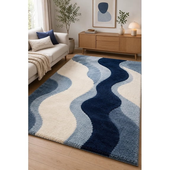 Wool Mix Abstract Rug hand-tufted wool modern abstract fluid wave design cream light blue and ...