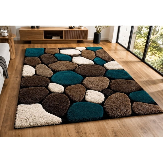 Teal Rug hand-tufted wool pebble stone design teal blue brown and cream area rug ...