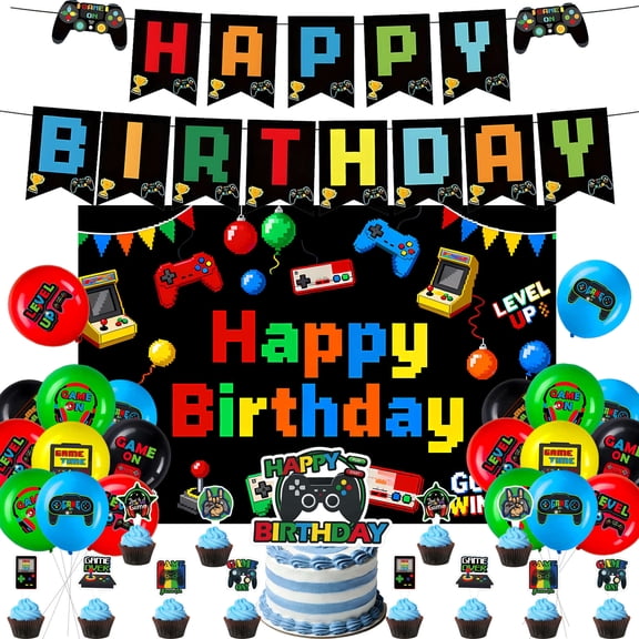 handheld game birthday decorations, retro gaming party supplies, arcade themed birthday decor, game console cake toppers, video game birthday balloons, gamer party backdrop