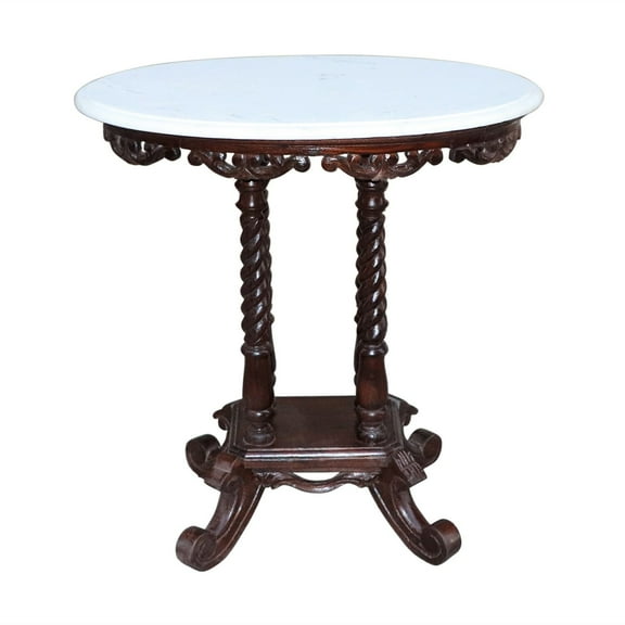 handmade Hand Craved Elegant Style Side Table | Victorian Style Living Room Accent Table With Marble Top | Solid Teak Wood End Table
