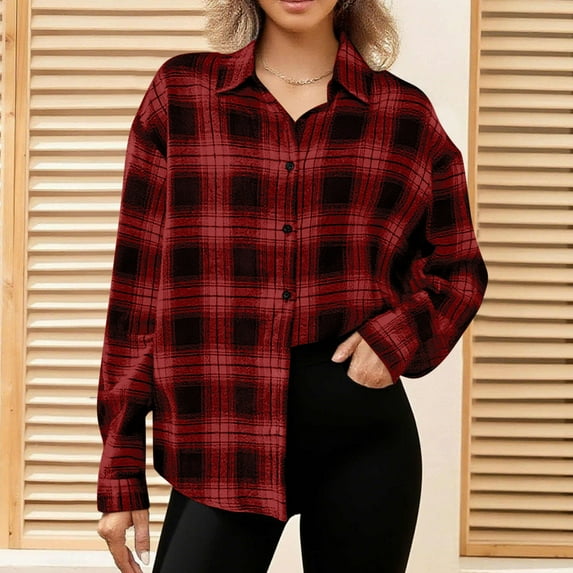 Trushoes Women's Oversized Plaid Shacket - Red, Size L - Button Down, Relaxed Fit, Ideal for Spring Fall & Winter Layering