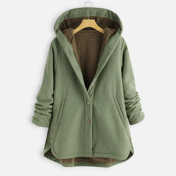 Trushoes Women's Plus 3XL Green Plaid Hooded Coat - Fleece Lined, Oversized, Lightweight - Fall & Early Winter Transitional Jacket