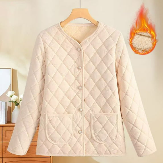 Trushoes Women's Plus Size Quilted Jacket - 3XL Beige, Fleece Lined, Stretchy, Warm, Button Front with Pockets, Lightweight for Loungewear & Casual Outings