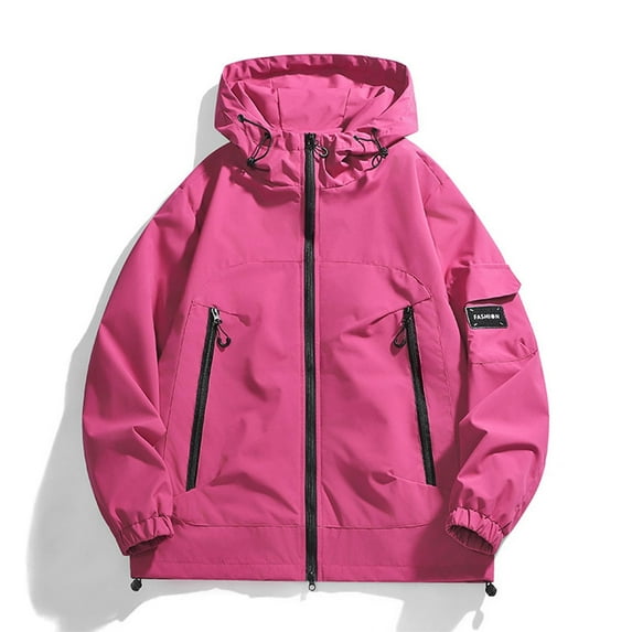 Trushoes Women's Plus Size Windproof Water Resistant Jacket - Removable Hood, Multi-Pockets, Hot Pink, 3XL