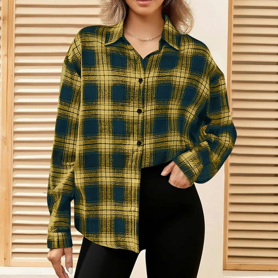 Trushoes Women's Yellow Plaid Shirt - Size S, Oversized Polyester, Wrinkle Resistant - Spring Fall Casual Shacket