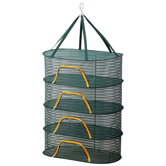 Dark Green Mesh Drying Rack, 4-Layer Hanging Drying Rack with Zippered Opening, Foldable Herb Drying Rack for Clothes, Herbs, Food, 23.6 x 15.7 x 31.5 in / 60 x 40 x 80 cm, Ideal for Balcony