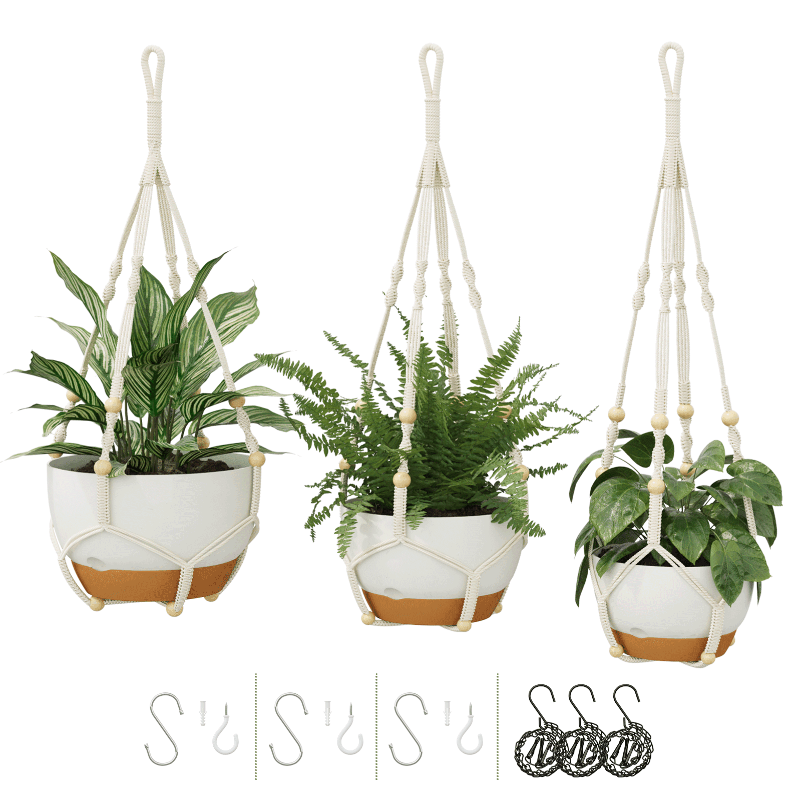 Gentingbro 3 Pcs White Hanging Planters Set, Decorative Pots for Succulents, Green Plants & Flowers Indoor Outdoor, Space-Saving Hanging Plant Pots for Vertical Gardening