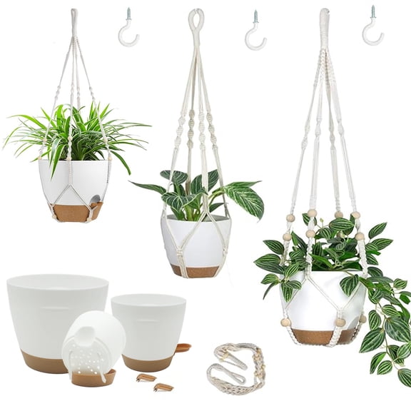 Behome Hanging Planters for Indoor Plants, 3 Pack Cotton Rope Plant Hanger with 3 Hanging Hooks, Garden Home Decor Ceiling Plant Holder for Indoor Outdoor, White