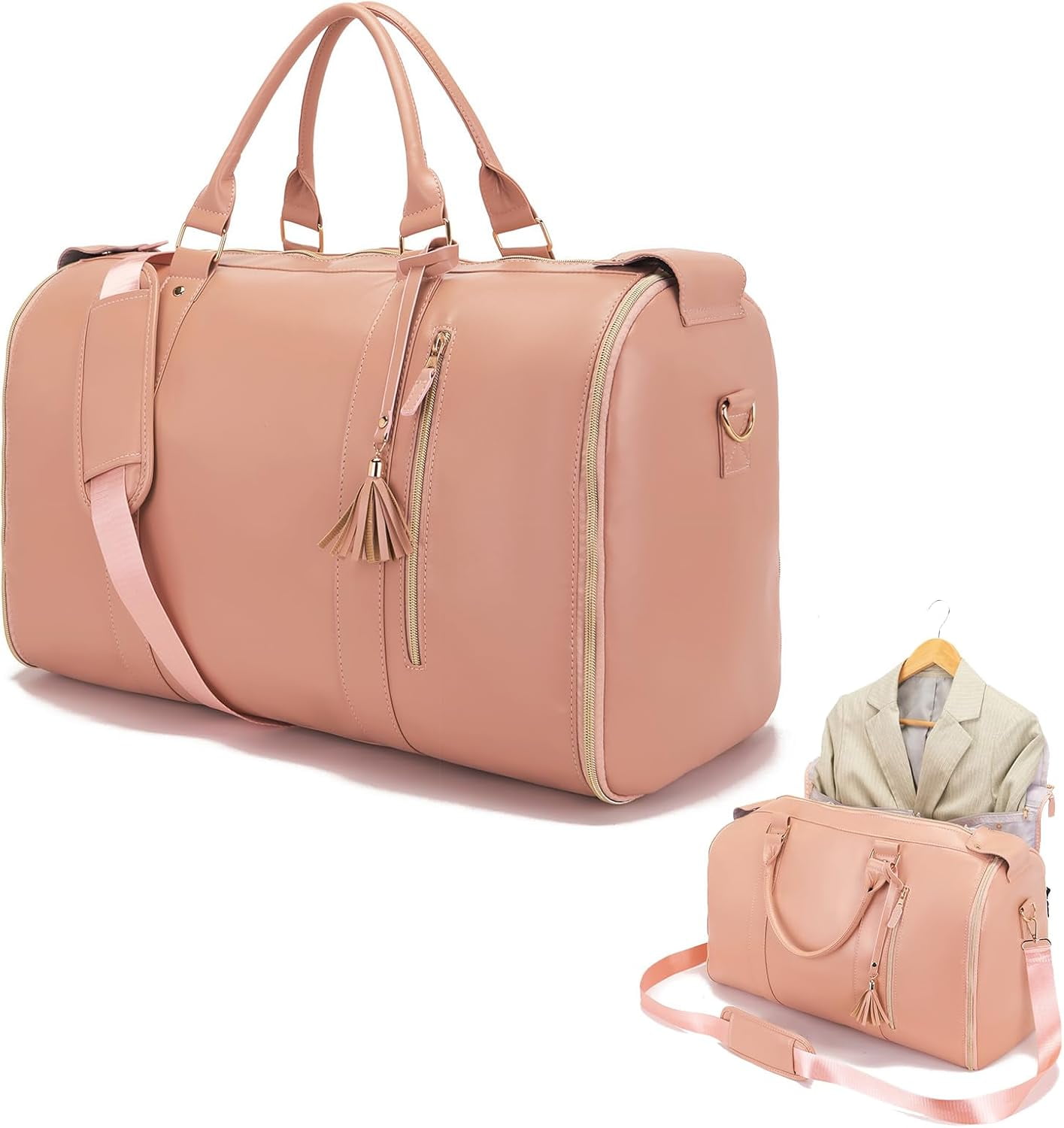 hanging suitcase, travel garment bag, pink weekender, lightweight PU leather, durable shoe pocket, womens adjustable bag, portable user-friendly design, spacious storage compartment