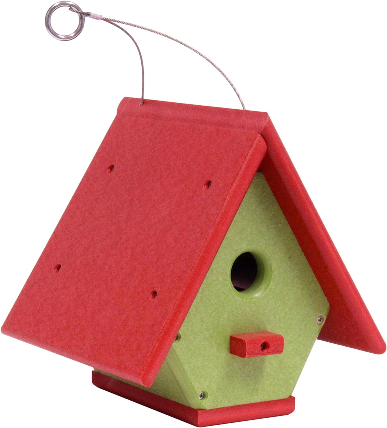 hanging wren house, made with recycled material (bright red/lime