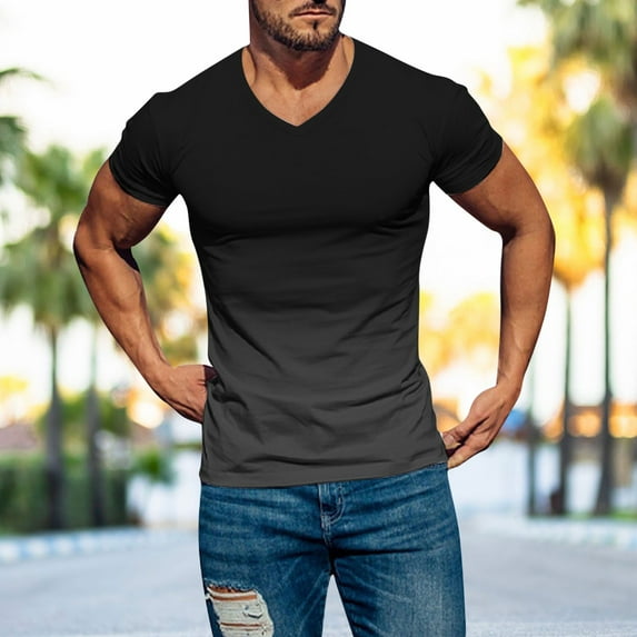 hanxiulin mens spring summer casual sports comfortable soft gradient solid color slim short sleeve v neck t shirt