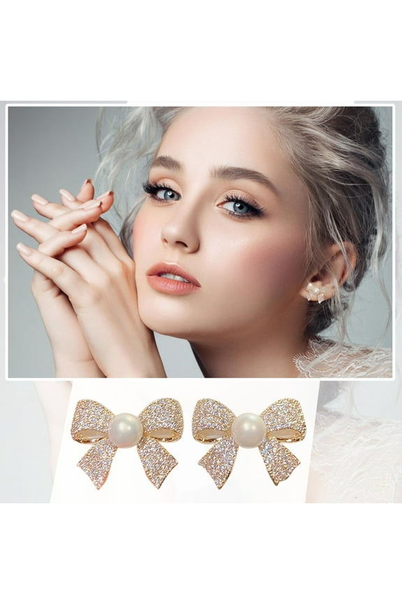 pearl bow rhinestone earrings thin dangle gold elegant pearl rhinestone earrings wedding women accessories jewelry bow earrings for women