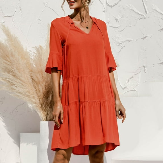 hanxiulin women summer dresses v-neck bell sleeve t-shirt dress ruffles casual mini female dress