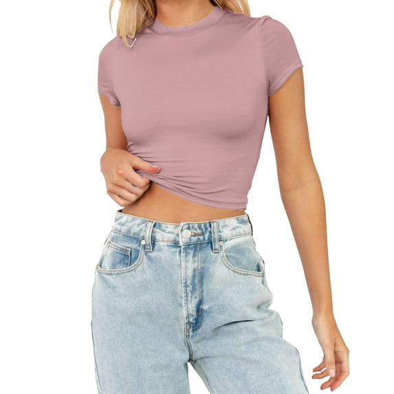 hanxiulin womens summer short sleeve crop tops casual basic crewneck slim fit t-shirts