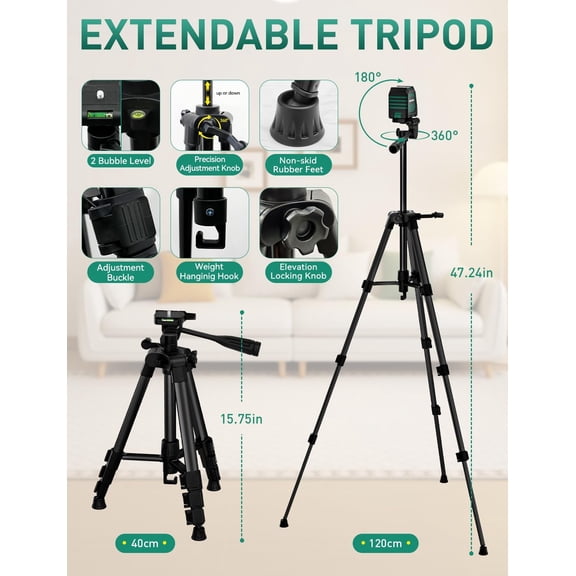 haoqian Dual Modules Line Laser with 47 inch Iron Tripod, Self Leveling Laser Level, Horizontal and 150 Vertical Green Beam, 2 AA Batteries, Carrying Bag, for Home Decoration/DIY/Construction Site