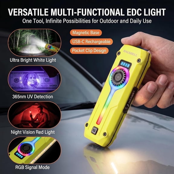 haoqian Flat EDC Flashlight 1800LM Turbo, 0.6" Ultra-Slim Pocket Light with Stepless Dimming Dial, Magnetic Base, 365nm UV & Red Laser, Side-COB Flood, USB-C Fast Charge, IP44 Weatherproof