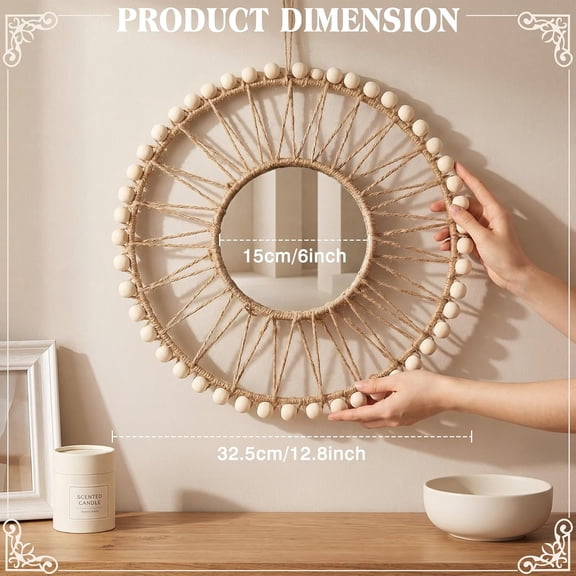 haoqianqian Boho Wall Mirror Round 12.8 Inch Handmade Rattan and Jute Rope Frame with Wooden Beads Decorative Hanging Mirror for Bedroom Living Room Entryway Farmhouse Wall Decor