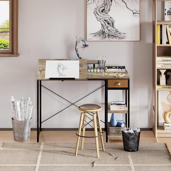 haoqianqian Drafting Table with Storage Shelves & Drawer, 43" Adjustable Art Desk with Monitor Stand for Home Office Computer, Tiltable Draft Drawing Table for Artist, Study, Writing Workstation