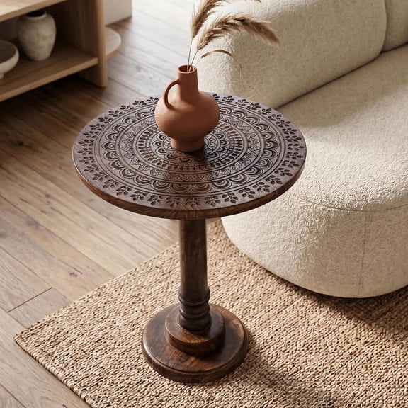 haoqianqian Farmhouse End Table, Burnt Brown Mandala Solid Mango Wood Round Side Table, 18 x 22 Inch Rustic Wooden Accent Table for Living Room, Bedroom & Sofa Side