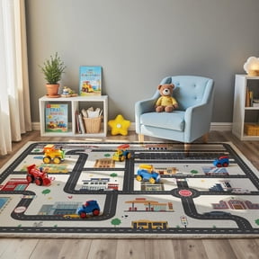 haoqianqian Kids Car Road Playroom Rug, Faux Wool City Map, Non-Slip, 5 x 7 ft