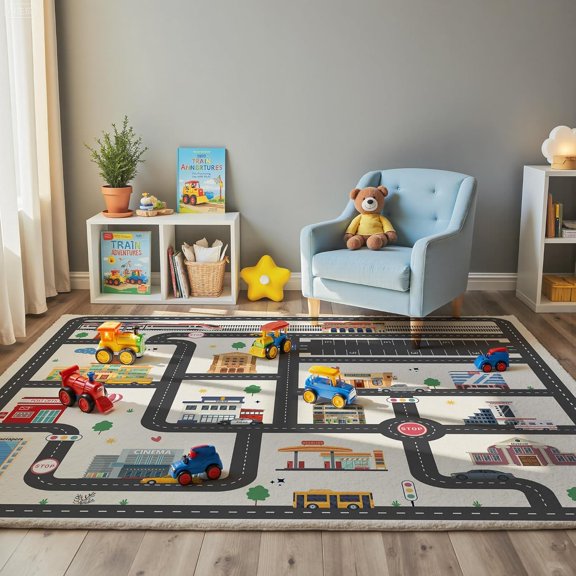 haoqianqian Kids Car Road Playroom Rug, Faux Wool City Map, Non-Slip, 5 x 7 ft