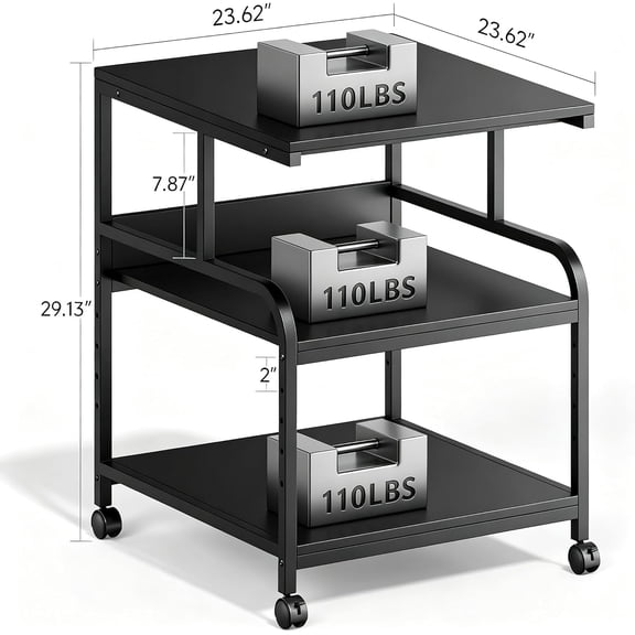 haoqianqian Printer Stand, 24''24''29'' Large Printer Table for Home Office with Locking Casters, Sturdy 3-Tier Rolling Cart with Adjustable Shelf, Mini Fridge Stand, Home Office Essentials, Black