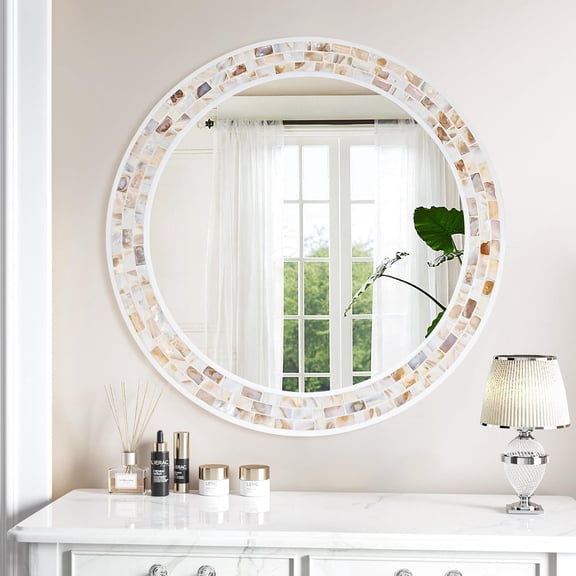 haoqianqian Round Mirror 30 Inch with Naturall Shell for Bathroom Decor