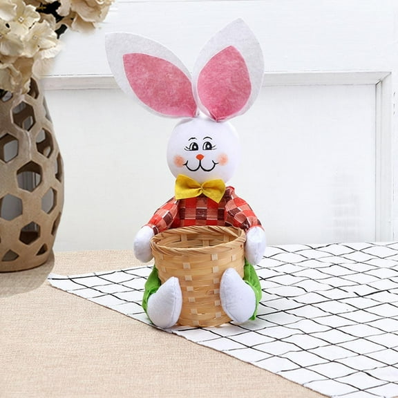 haozzaw Bunny Candy Storage Basket, Plush + Bamboo, Cute Rabbit Design