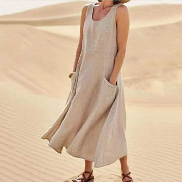 Summer Savings Long Dresses for Women Casual Women's Summer Fashion Solid Color Sleeveless Cotton Linen Long Dress with Side Pockets Beach Vacation Sundress Plus Size S-5XL