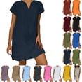 thumbnail image 1 of haozzaw Women's Summer Plus Size V-Neck Short Sleeve Mini Dress Casual Loose Pleated Short Dress Women's Trendy Beach Dress Sundress Dark Blue 5XL, 1 of 7