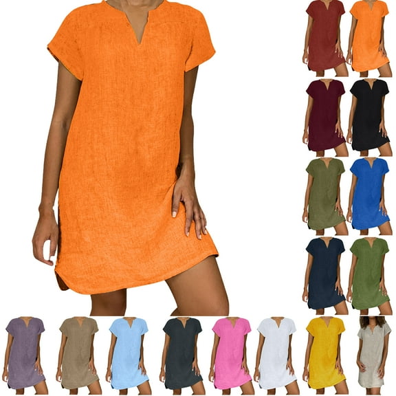 haozzaw Women's Summer Plus Size V-Neck Short Sleeve Mini Dress Casual Loose Pleated Short Dress Women's Trendy Beach Dress Sundress Orange 5XL