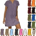 thumbnail image 1 of haozzaw Women's Summer Plus Size V-Neck Short Sleeve Mini Dress Casual Loose Pleated Short Dress Women's Trendy Beach Dress Sundress Purple XL, 1 of 7